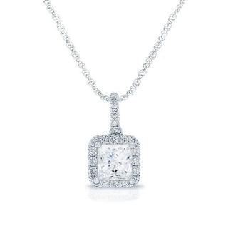 0.70ctw Princess Diamond Halo Necklace, 18k White Gold Diamond & Gold ...