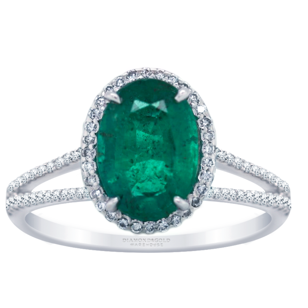 Green Emerald Ring with Diamond Halo by Diamond and Gold Warehouse
